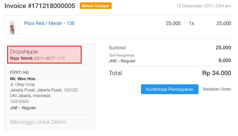 Data dropshipper yang berada di halaman order pembeli
