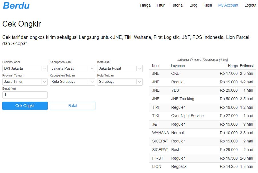 Ongkos kirim kurir Jakarta Pusat-Surabaya per 6 Oktober 2018