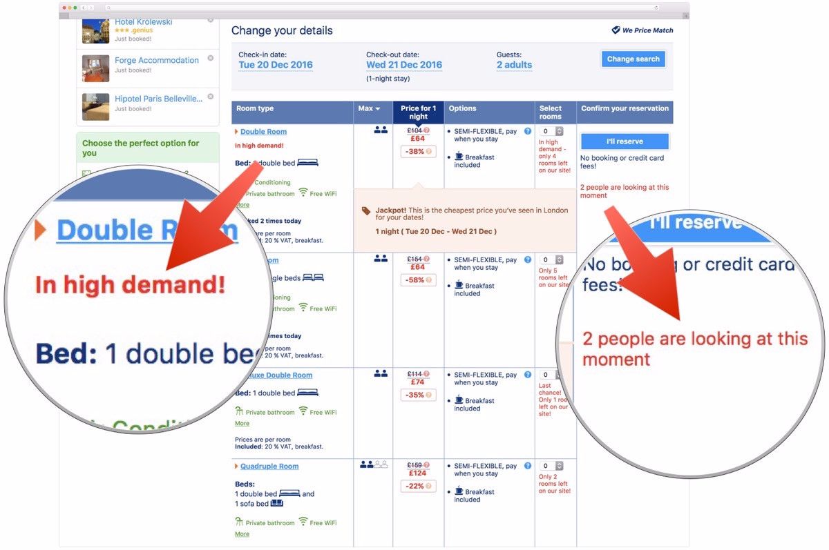 Booking.com menggunakan kelangkaan untuk memotivasi orang ke memesan kamar di saat itu juga.