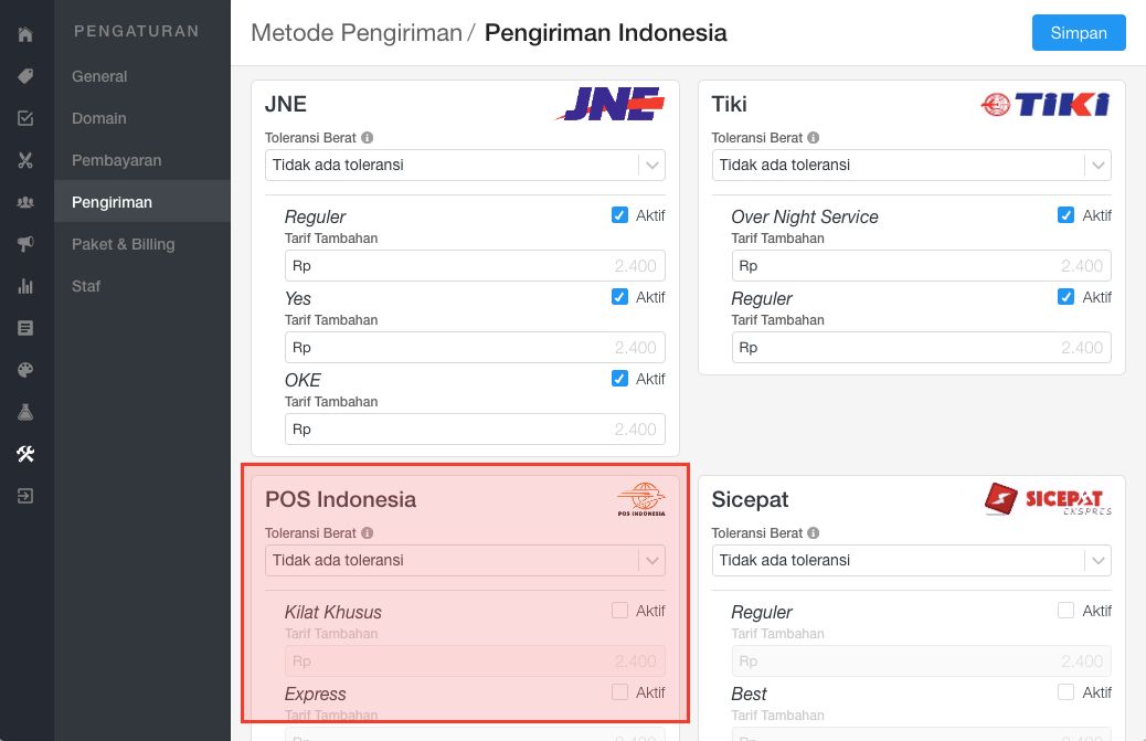 Aktifkan pengiriman POS Indonesia dengan mencentang servis yang kamu support Aktifkan pengiriman POS Indonesia dengan mencentang servis yang kamu support