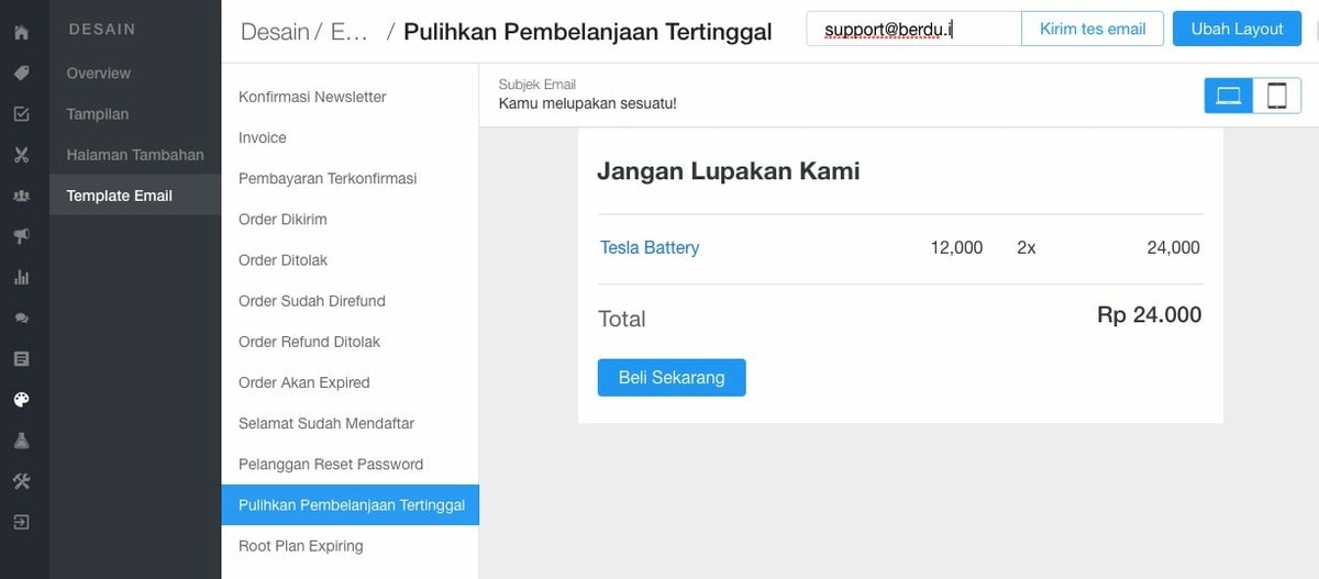 Pengaturan template dari email pengingat