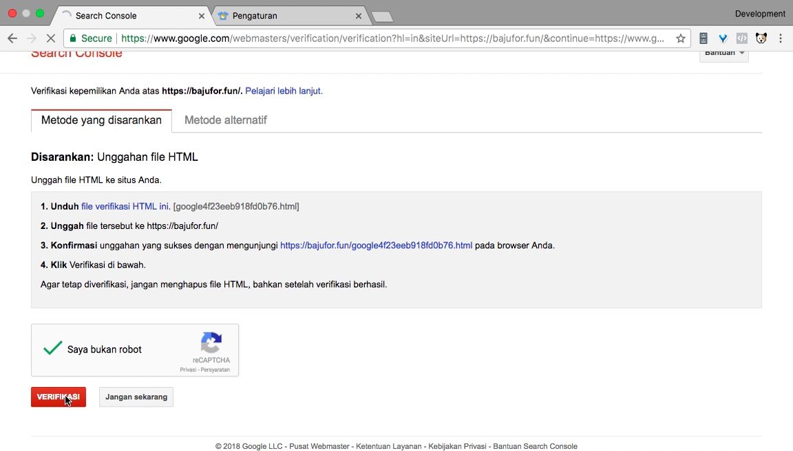 Melanjutkan verifikasi di Google Search Console
