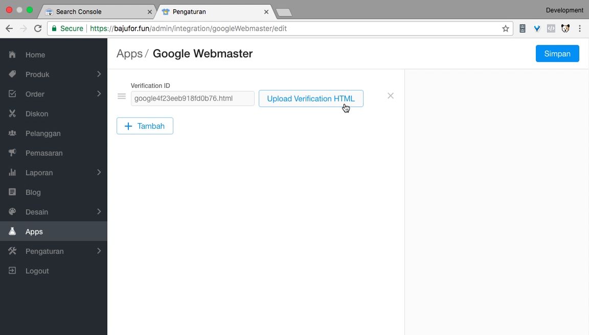 Mengupload file verifikasi ke halaman admin website