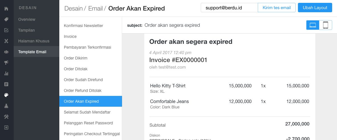Mengubah desain email peringatan order yang akan segera expired
