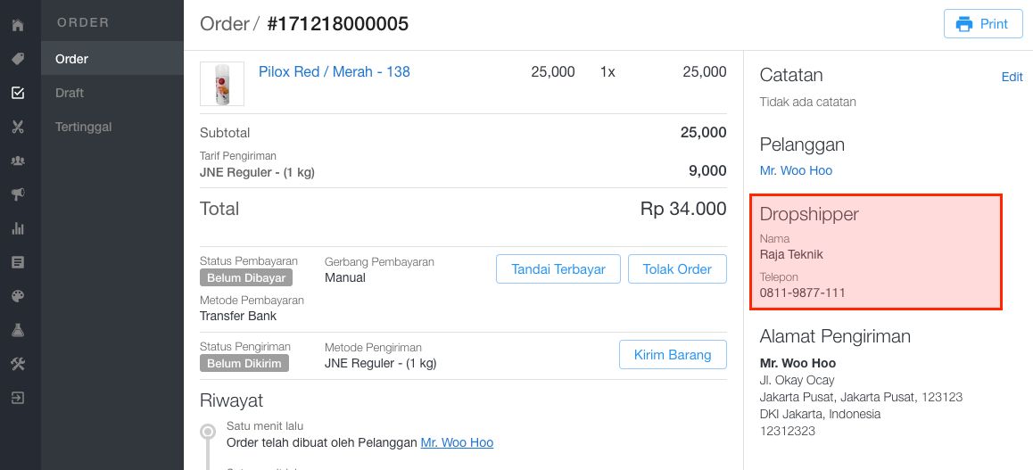 Data dropshipper yang berada di halaman order admin toko
