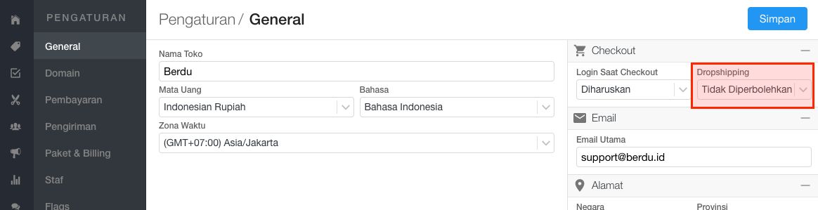 Menonaktifkan fitur checkout sebagai dropshipper