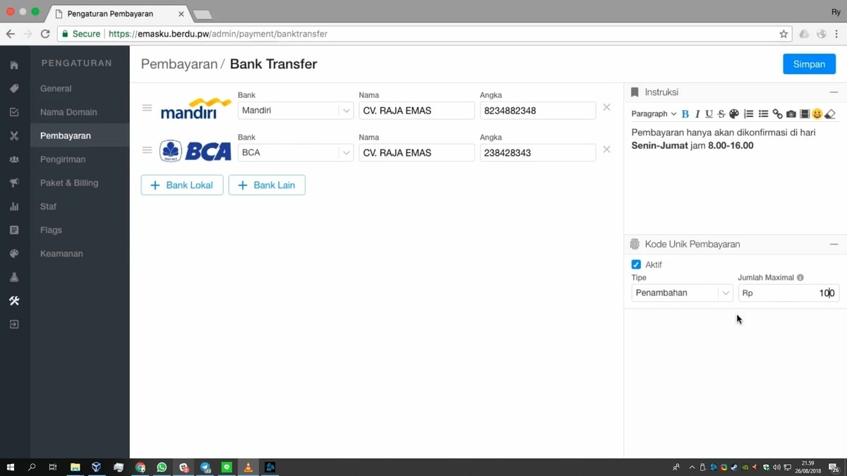 Contoh pengaturan bank tranfser