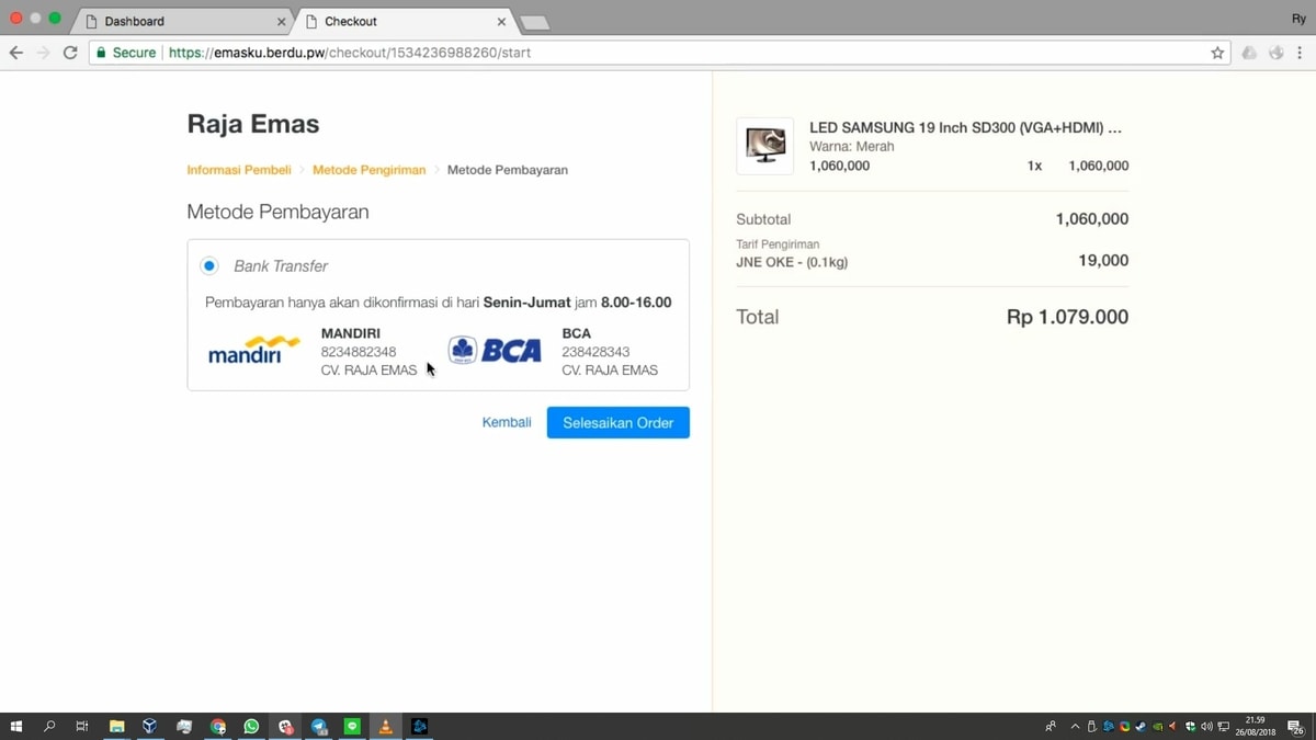 Metode pembayaran bank transfer tertera di halaman checkout