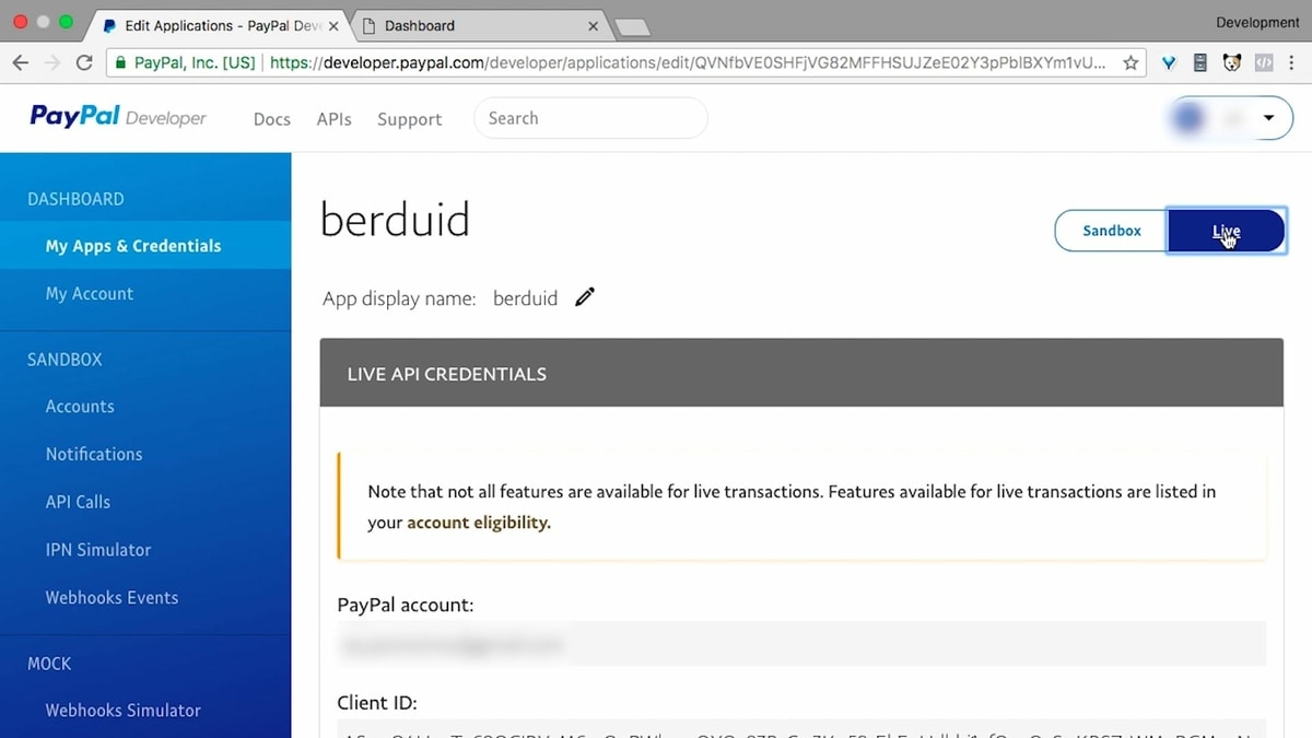 Live API Credentials
