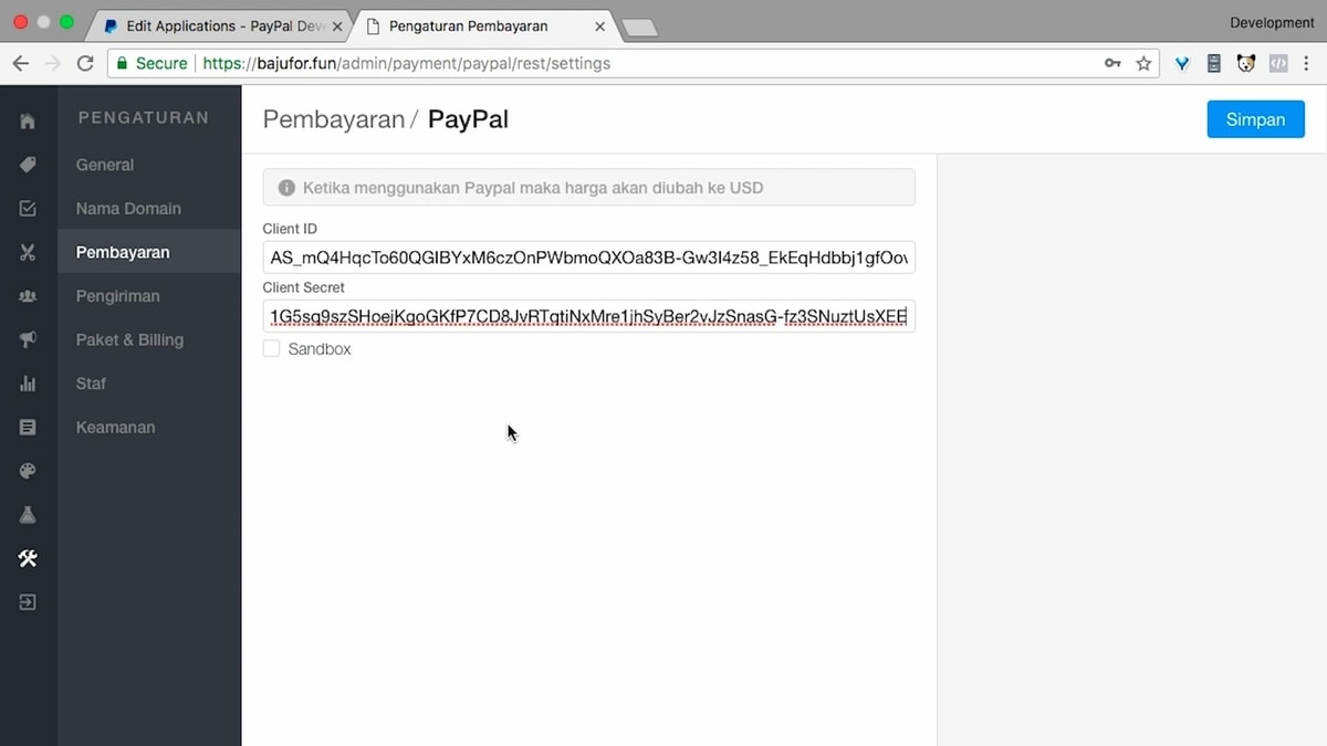 Paste Client ID dan Client Secret ke halaman pengaturan pembayaran
