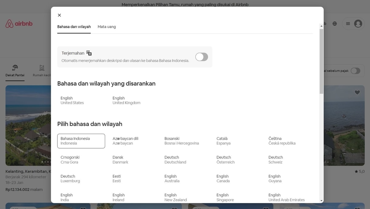 Pilihan bahasa di situs Airbnb
Gambar: Airbnb Pilihan bahasa di situs Airbnb
Gambar: Airbnb