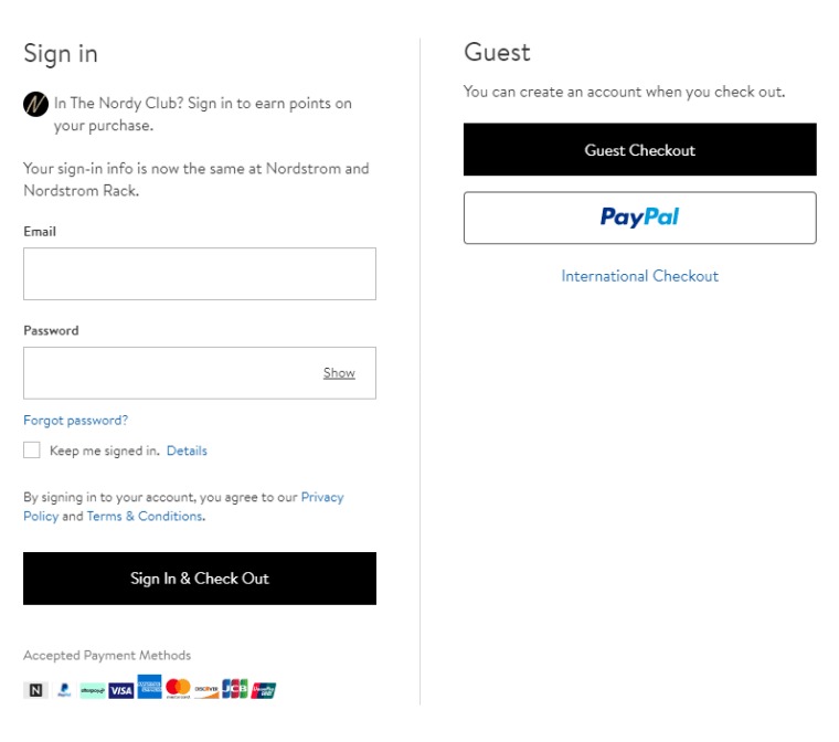 Contoh fitur guest checkout
Gambar: Nordstorm